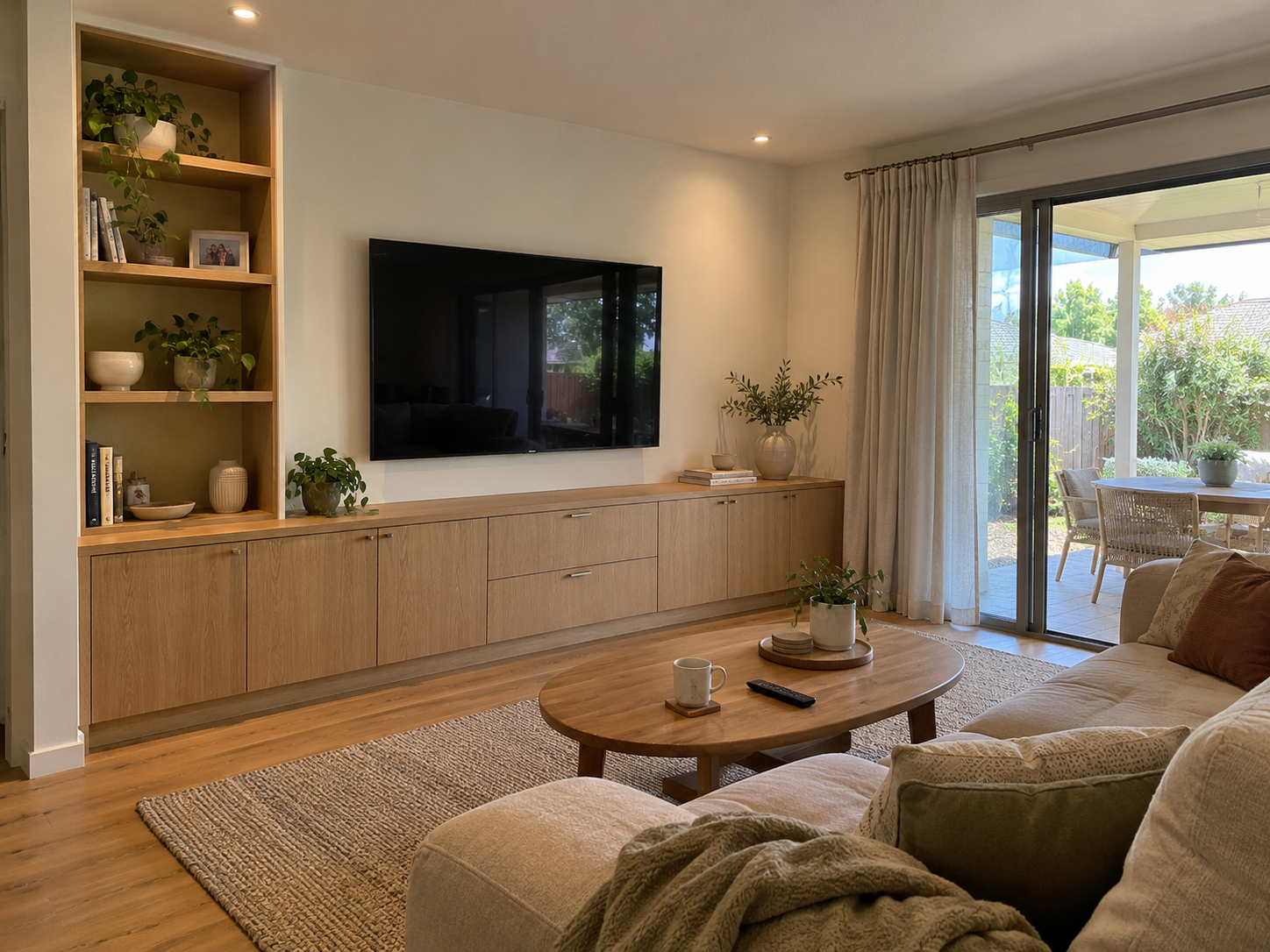 Living space concept with an oak media cabinet and full-height display shelves
