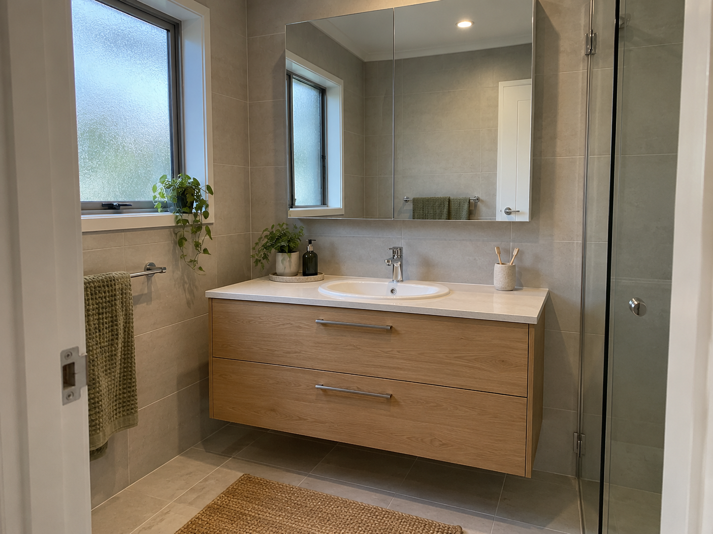 Bathroom vanity concept with oak drawers, a pale benchtop and an inset white basin